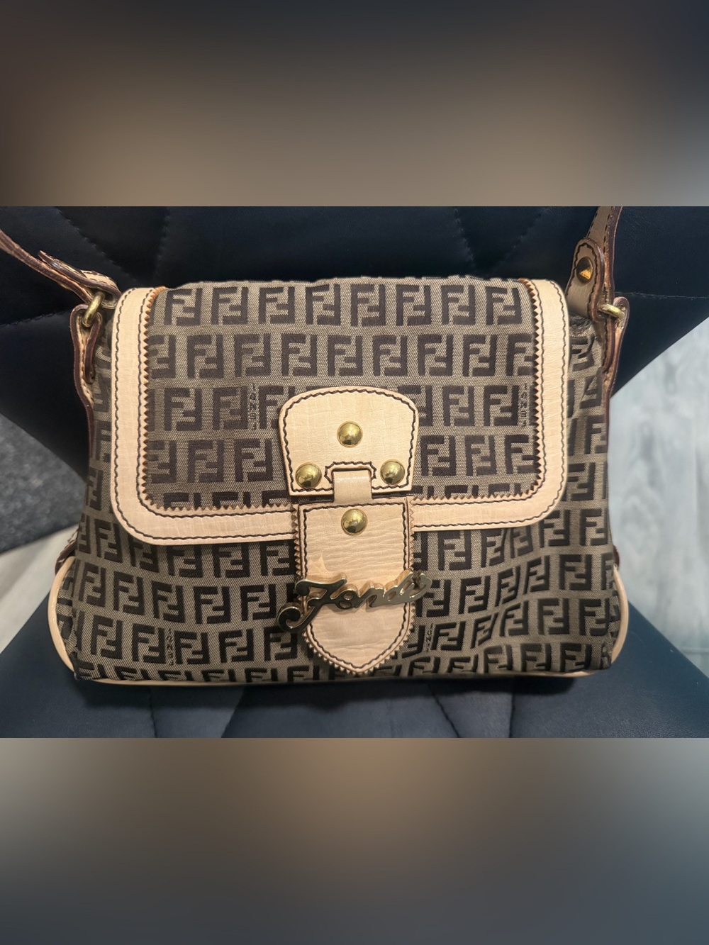 Fendi Brown Monogram Shoulder Bag with Beige Trim and Gold Hardware